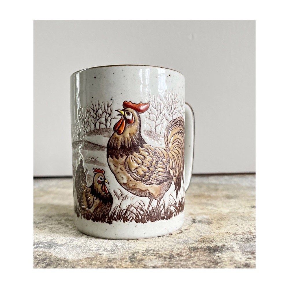 Vintage Otagiri Japan Speckled Rooster Farm Stoneware Mug Cup 1970s